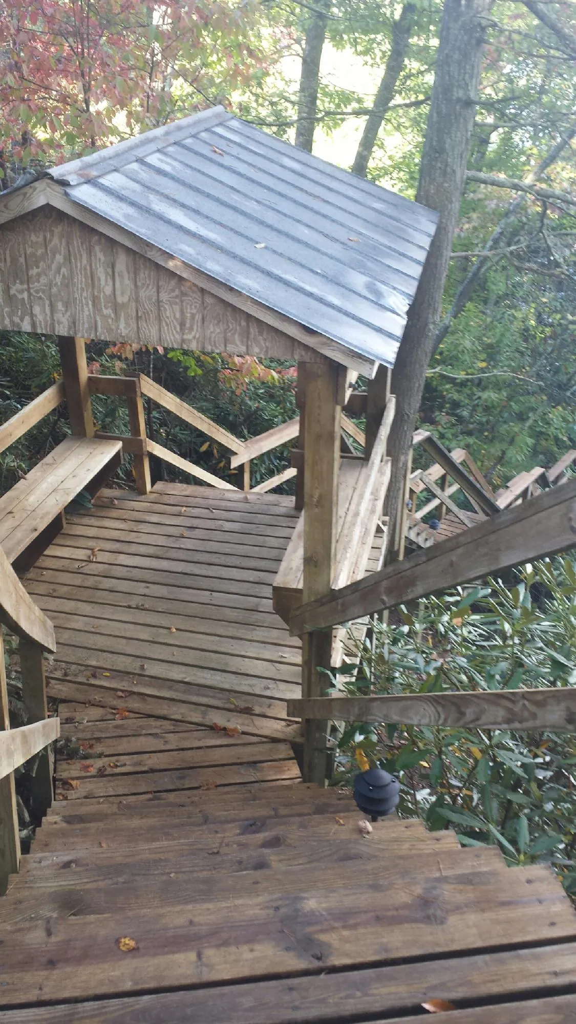 Metal roofed shelter over wooden steps on a wooded walkway — Skylight Repair & Installation work by our crew in Mcintosh